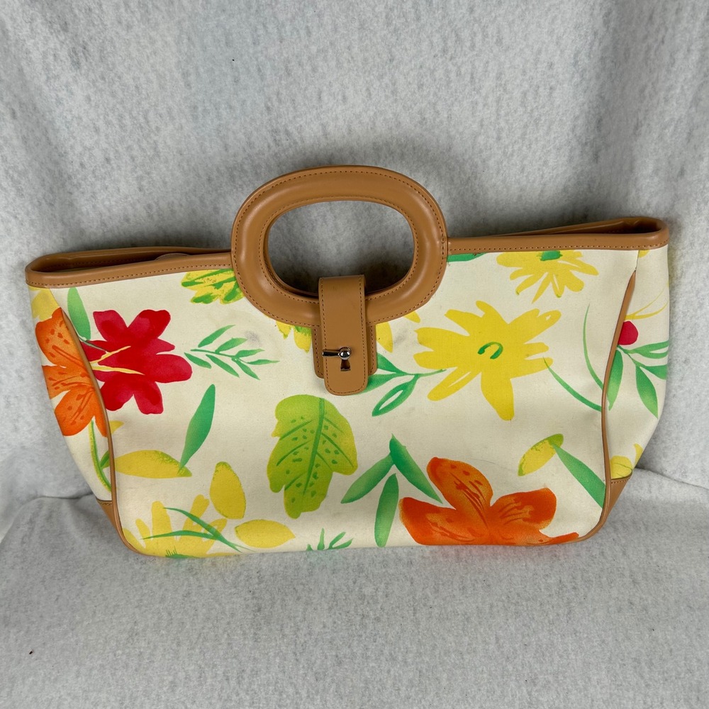 Preston & York Tote Bag Womens Large Cream Floral Tropical Canvas Top Handle‎